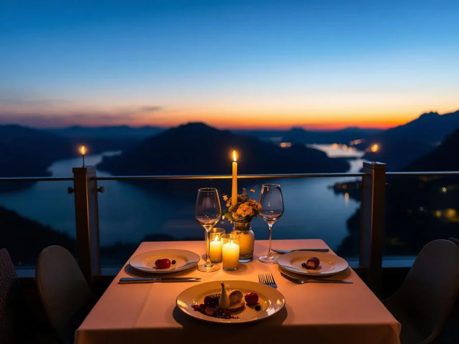 Elegant gedeckter Chef's Table mit Weingläsern in warmem Licht