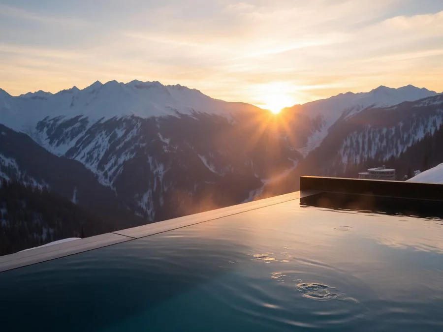 Alpines Spa mit dampfendem Infinity-Pool und Blick auf verschneite Berge